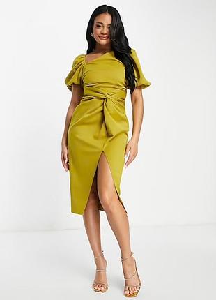Жіноча лаймова сукня міді asos з розрізом, асиметричним верхом і обʼємними рукавами