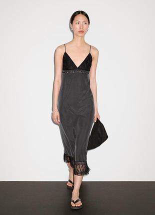 Платье шелковое натуральное платье 100% massimo dutti винтаж винтажное серое миди длинное с кружевом