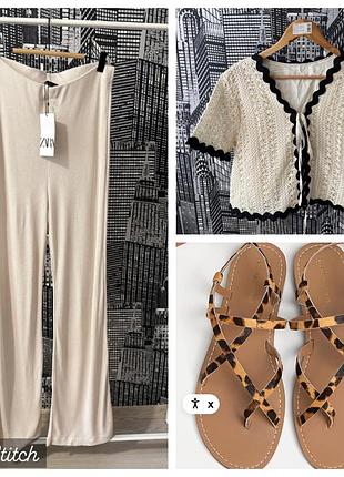 Брючний костюм zara літні молочні широкі брюки і стильний ажурний топ shein