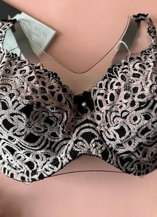 Чорно-бежевий бюстгальтер великого розміру без поролона з мереживом 85f