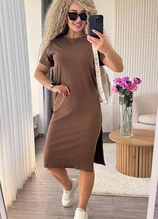 Платье женское на лето из натуральной ткани кулир 100% коттон меди 42-50 шоколад (коричневый)