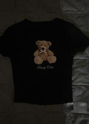 Чорний укорочений топ-футболка з ведмедиком beary cute / кроп-топ xxs-xs