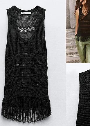 Жіночий трикотажний подовжений топ-майка з бахромою в розмірі l від zara