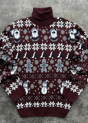 Мужской свитер для новогодних праздников с принтом под горло пряник трендовая новогодняя кофта из шерсти бордового цвета