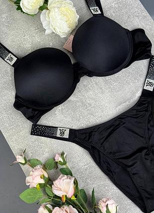 Розкішний комплект жіночої спідньої білизни чорний victoria's secret якісний зручний набір бюстгальтер і трусики