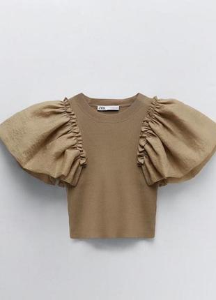 Zara бежевий топ в рубчик розмір xs/s оригінал майка з пишними рукавами зара блуза zara укороченна святкова