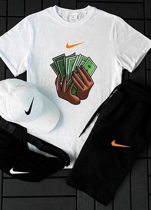 Чоловічий літній комплект nike 4в1 (футболка + шорти + кепка + бананка) чорний / білий
