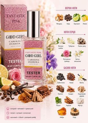 Carolina herrera good girl fantastic pink eau de parfum 60 мл — жіночі парфуми, квітково-східний аромат, мигдаль, жасмин самбак