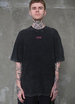 Мужская вываренная оверсайз футболка without washed с принтом pink 1702 black