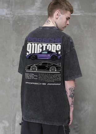 Мужская вываренная оверсайз футболка without washed с принтом porsche black