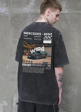 Мужская вываренная оверсайз футболка without washed с принтом w124 mercedes-benz black s/m