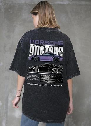 Женская вываренная оверсайз футболка without washed с принтом porsche black s/m l/xl