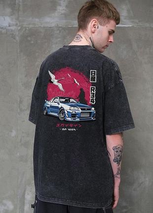 Мужская вываренная оверсайз футболка without washed с принтом skyline black