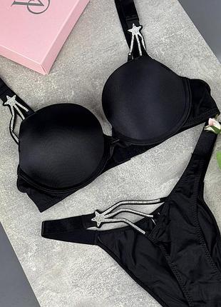Брендовий комплект жіночої спідньої білизни чорний victoria's secret ексклюзивний зручний набір бра та трусики вікторія сікрет