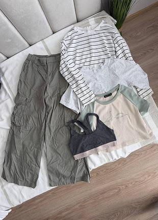 Штанці карго в кольорі хакі h&m, лонгслів та футболка h&m, топ та футболка 💚 на 9-10 років, 140р 💚