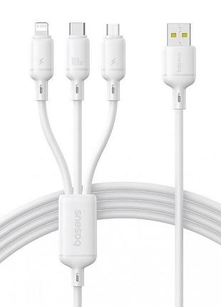 Кабель baseus silky one-for-three fast charging usb to micro usb+lightning+type-c 100w 1.5m white