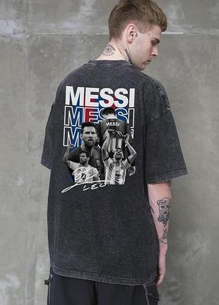 Мужская вываренная оверсайз футболка without washed с принтом messi black