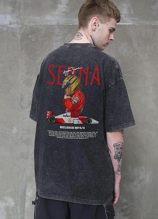 Мужская вываренная оверсайз футболка without washed с принтом senna black