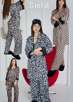 Жіноча піжама шовкова штани та халат s,m,l,xl леопард
