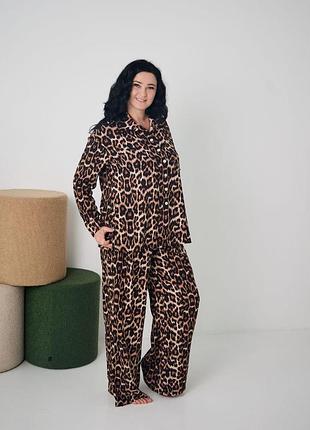 Шовкова піжама штани і сорочка s/m,l/xl,2xl\3xl леопардовий принт