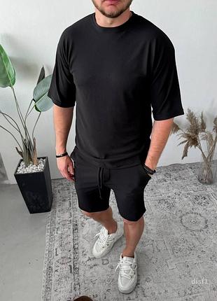 Чоловічий літній чорний комплект футболка шорти дрібнорубчастий трикотаж літній костюм шорти та футболка m