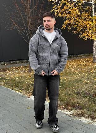 Чоловічий теплий сірий худі на флісі з принтом та капюшоном модна оверсайз толстовка для хлопця xl