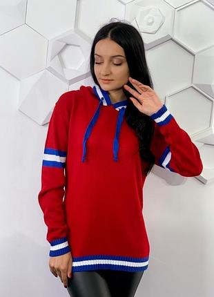 Жіноча тепла молодіжна в'язана кофта з капюшоном р.42 червоний 48