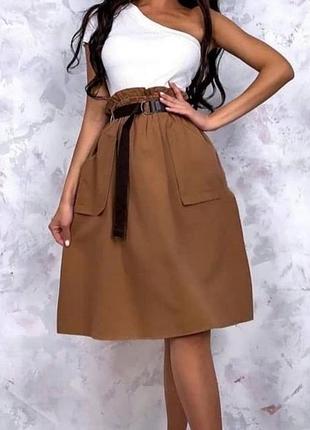 Молодёжная стильная женская модная коттоновая юбка миди c карманами кэмел р.46 42