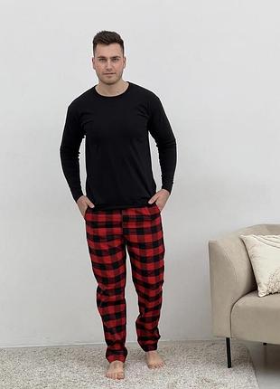 Домашня піжама для чоловіків cosy із фланелі (штани+лонгслів чорний) червоно/чорні