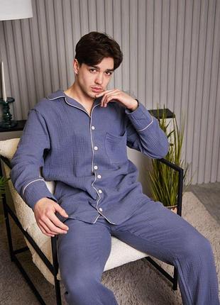 Мужская пижама муслиновая домашний костюм р.m.l,xl,2xl