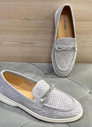 Женские серые мокасины с перфорацией. 40 (24,5см)