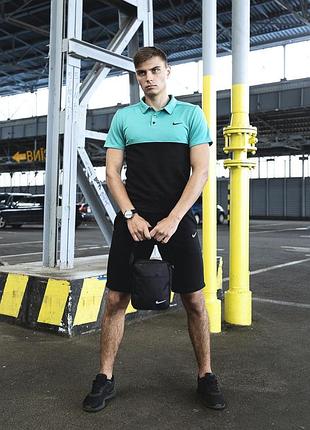 Комплект чоловічий nike: поло бірюзово-чорне + шорти чорні + барсетка чорна