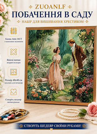 0519 набір для вишивання хрестиком  zuoanlf "побачення в саду" 14ct, 40x40 см, канва аїда з нанесеним малюнком