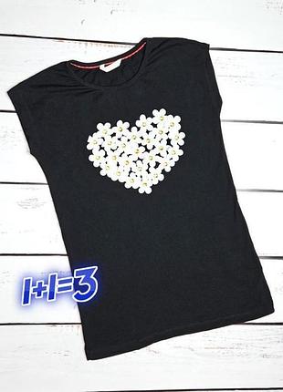1+1=3** стильная черная футболка с сердцем из цветов, размер 42 - 44