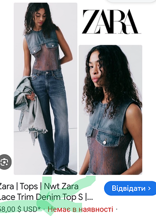 Женский джинсовый топ zara с кружевом синий серый летний укороченный без рукавов круглый вырез хлопка полиамид оригинал