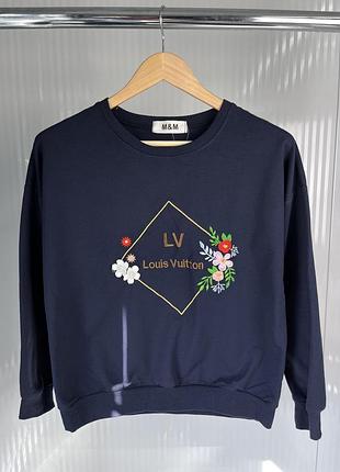 Жіночий синій світшот louis vuitton з квітковою вишивкою