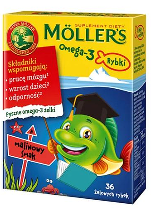 Дитяча омега-3 möller's (меллерс) комплекс для дітей у формі жувальних рибок зі смаком малини, 36 шт.