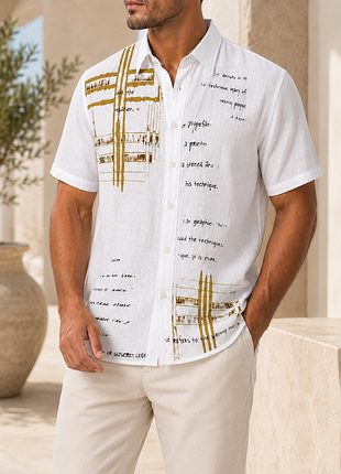 Літня чоловіча лляна сорочка біла з коротким рукавом прямого крою золотий графічний принт s-xxl