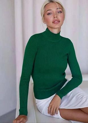 М'який жіночий гольф водолазка кашемір горло стійка жіноча в рубчик оверсайз р.46 темно-зелений 42