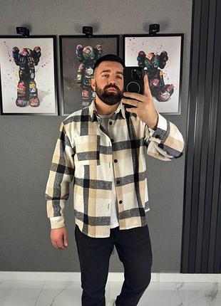 Мужская рубашка в клетку на весну, размеры: m/l, l/xl, xl/xxl светло бежевый