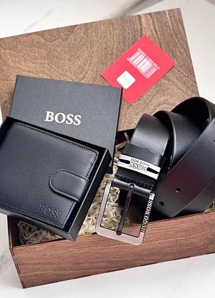 Мужской подарочный набор ремень и портмоне в деревянной коробке boss (202)