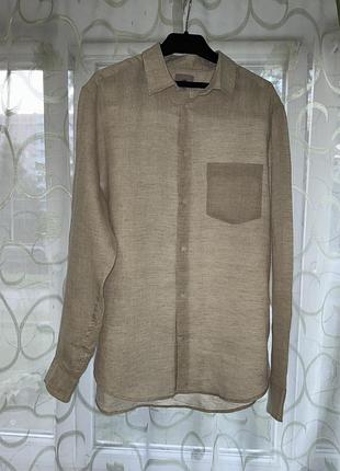 Бежевая мужская легкая льняная рубашка с длинным рукавом h&m l-xl (50-52)