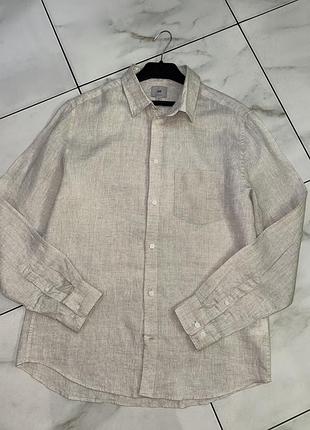 Бежевая мужская легкая льняная рубашка с длинным рукавом h&m l-xl (50-52)