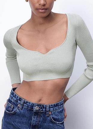 Укороченний топ в рубчик zara мʼятного кольору