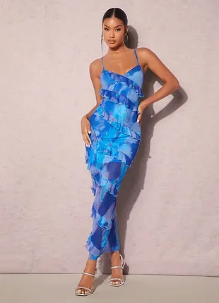 Ефектна синя сукня міді/максі shein bae з ефектом tie dye та воланами розмір xs