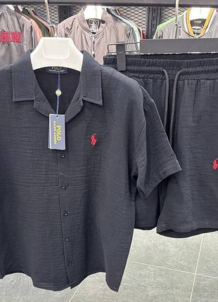 Костюм мужской муслиновый летний polo ralph lauren black! рубашка + шорты! костюм муслиновый мужественный на лето! летний комплект!топ качество!