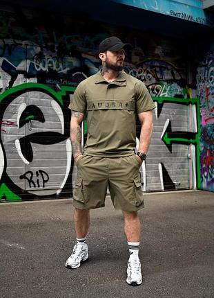 Чоловічий літній костюм у стилі streetwear (поло на блискавці + шорти-карго), оливковий комплект