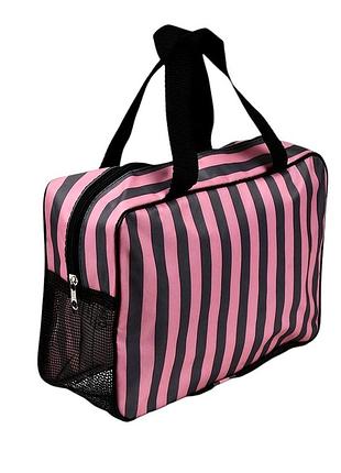 Косметичка дорожная stenson stripes r33381 полиэстеровая 26×18×9.5 см, розово-черный дизайн, 1 отделение, 2 ручки