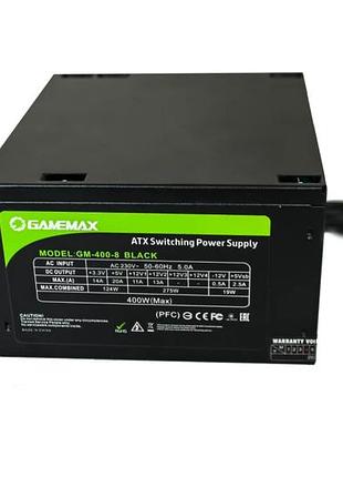 Блок питания gamemax gm-400-8cm мощностью 400 вт, черный, вентилятор 80 мм