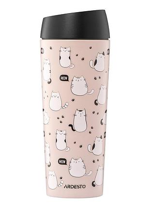 Термокружка ardesto coffee time cats 450мл бежевий з малюнком (ar2645fc)